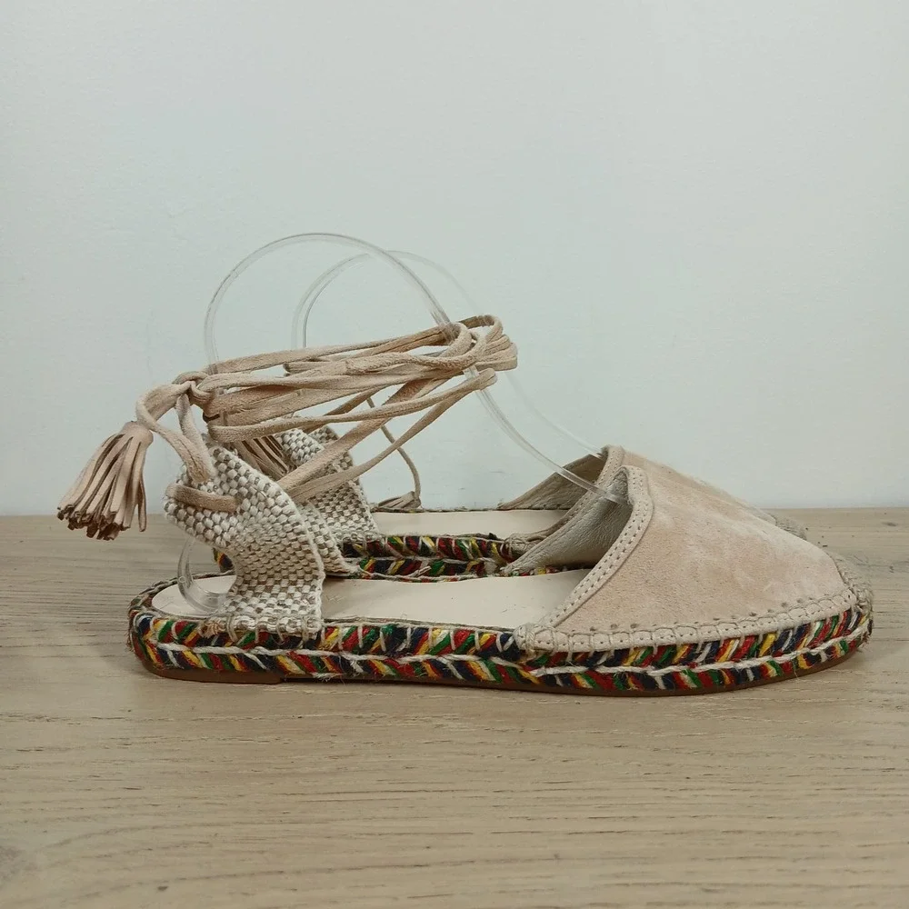 J. Crew Espadrille Women 9 Tan Suede Lace Up Ankle Tie Boho Coastal Summer